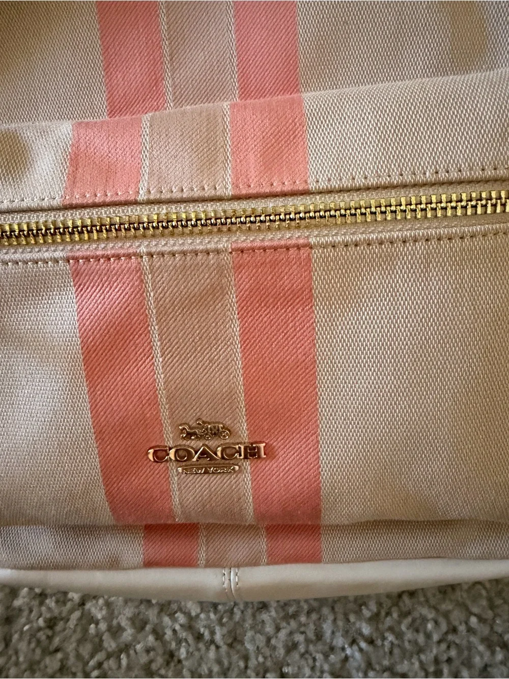 Coach Beige Canvas Backpack with Pink Stripe Accents